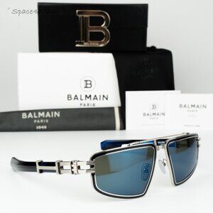 Balmain Women Sunglasses Silver Blue Mirror Rectangle TITAN BPS-139C-59 NEW
